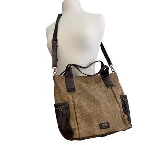 Fossil Brown & Tan leather Crossbody Bag With Zipper Pockets textured leather